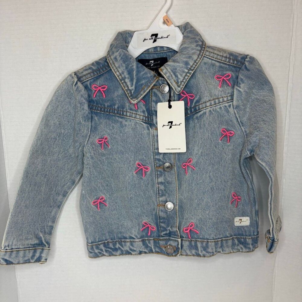 7 for all Mankind Toddler Girl Light Wash Denim Jacket Pink Embroidered Bows 2T